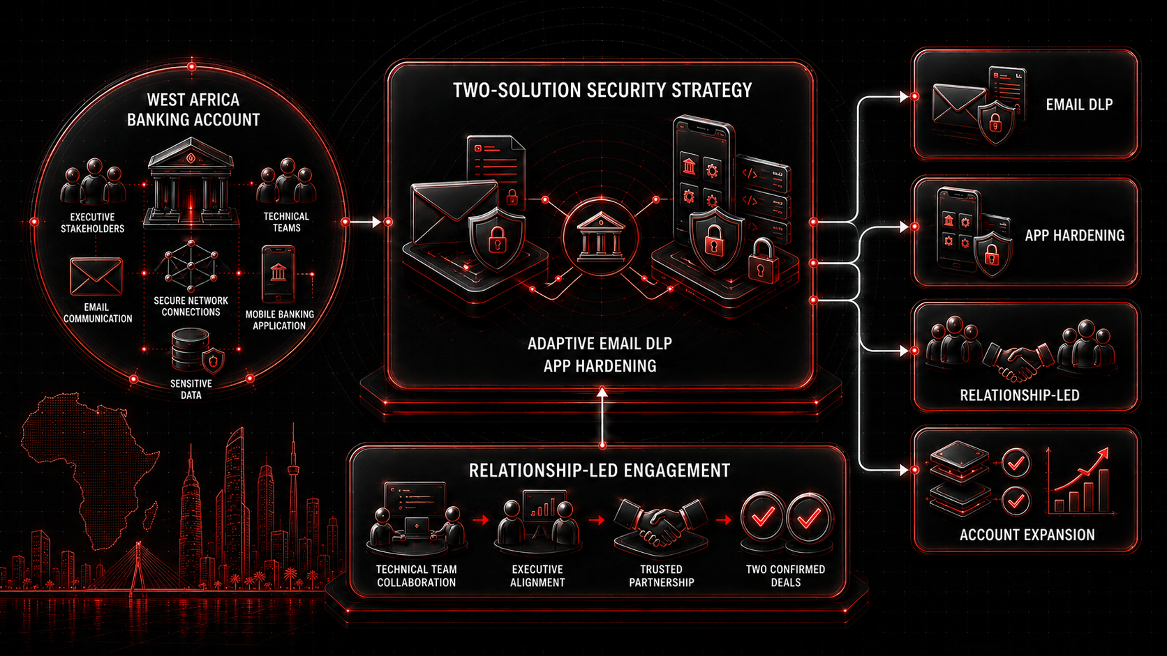 Proofpoint two-solution security strategy infographic for a West Africa banking account showing adaptive email DLP, app hardening, relationship-led engagement, and outcomes of email DLP, app hardening, relationship-led partnership, and account expansion