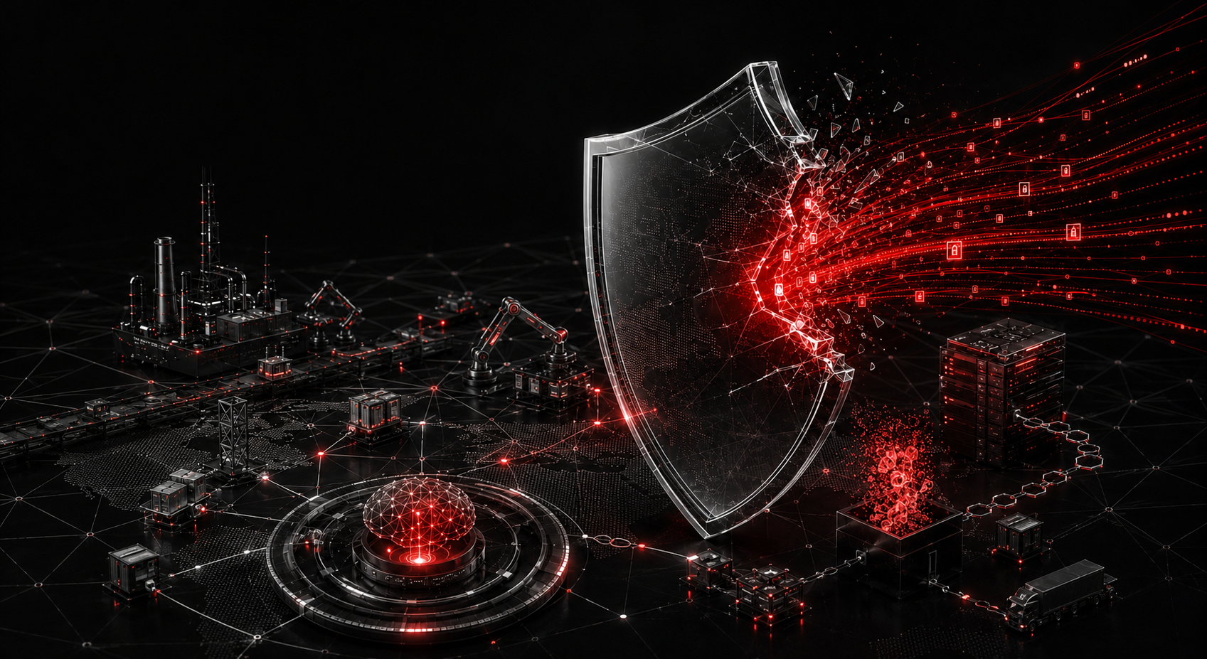 Illustration of a fractured security shield deflecting a stream of red data across industrial and cloud infrastructure